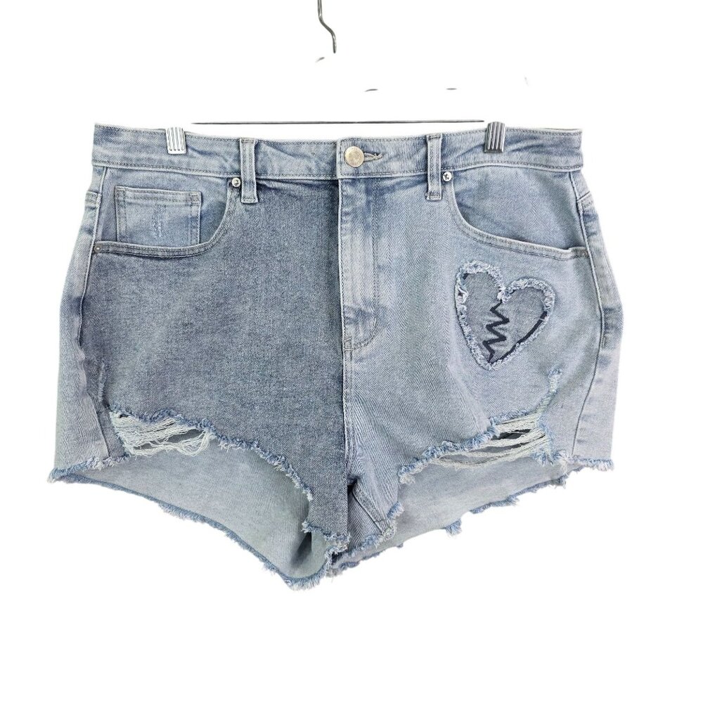 Womens Rue+ Blue Denim Shorts Distressed Heart Appliques Frayed Hem Hi Rise 16